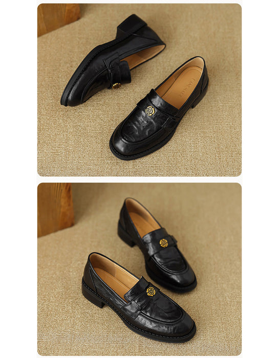 Spring Real Leather Vintage Camellia Pin Loafers