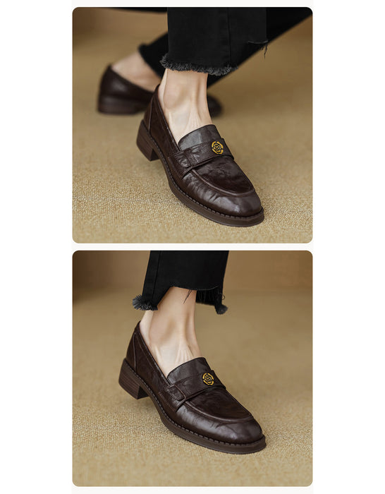 Spring Real Leather Vintage Camellia Pin Loafers