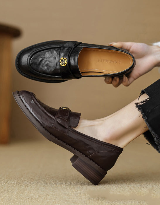 Spring Real Leather Vintage Camellia Pin Loafers