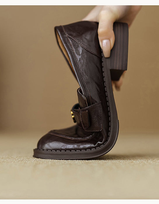 Spring Real Leather Vintage Camellia Pin Loafers