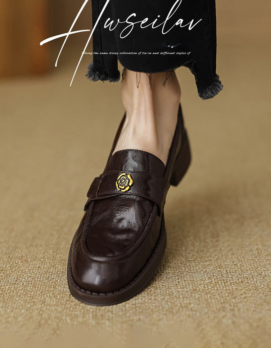Spring Real Leather Vintage Camellia Pin Loafers