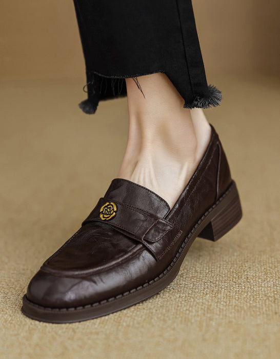 Spring Real Leather Vintage Camellia Pin Loafers