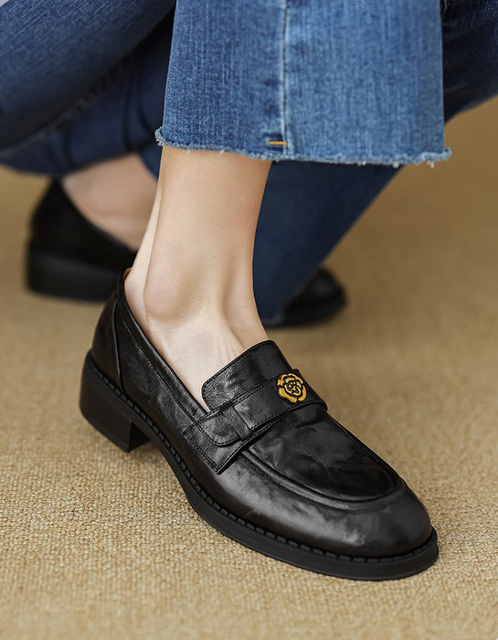 Spring Real Leather Vintage Camellia Pin Loafers