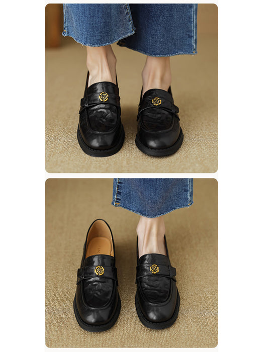 Spring Real Leather Vintage Camellia Pin Loafers