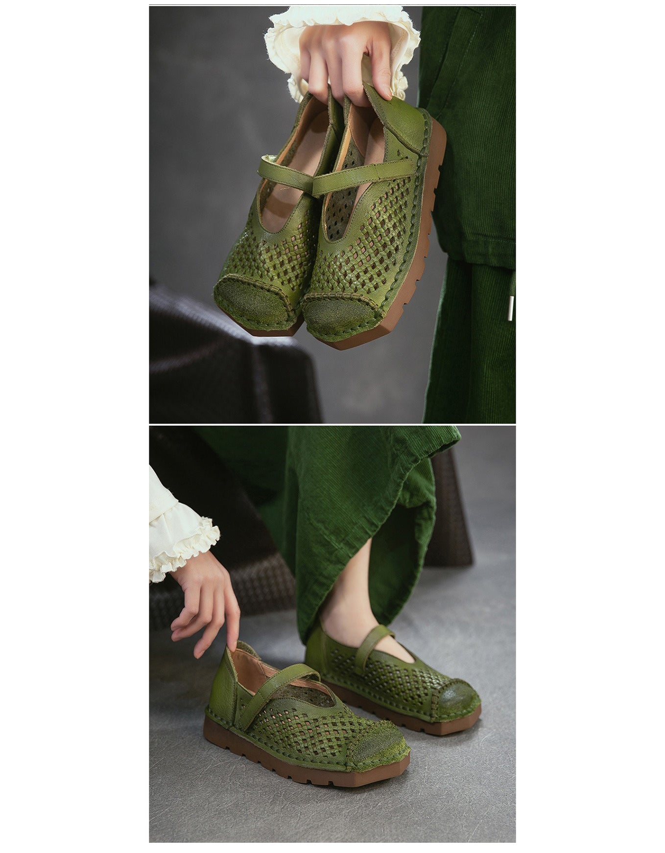 Spring Square Toe Hollow Comfortable Handmade Flat Shoes — Obiono