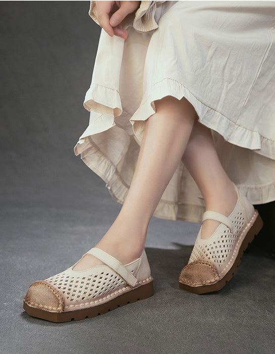 Spring Square Toe Hollow Comfortable Handmade Flat Shoes