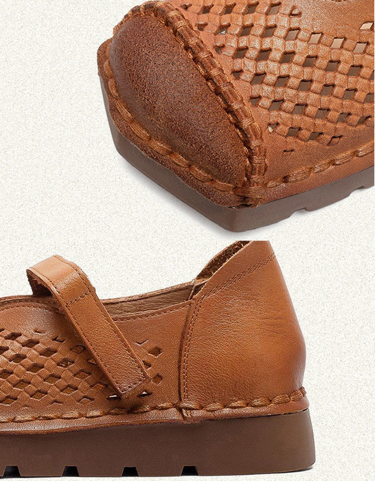 Spring Square Toe Hollow Comfortable Handmade Flat Shoes