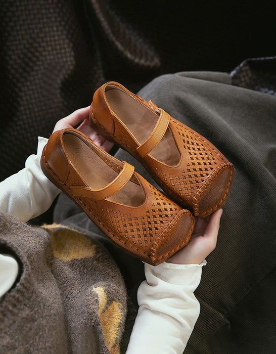 Spring Square Toe Hollow Comfortable Handmade Flat Shoes