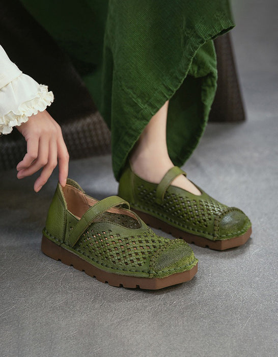 Spring Square Toe Hollow Comfortable Handmade Flat Shoes