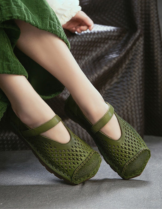 Spring Square Toe Hollow Comfortable Handmade Flat Shoes