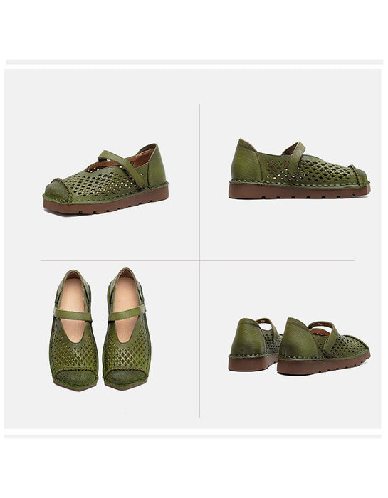 Spring Square Toe Hollow Comfortable Handmade Flat Shoes