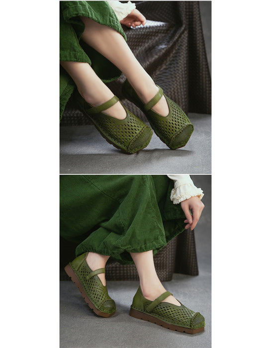 Spring Square Toe Hollow Comfortable Handmade Flat Shoes