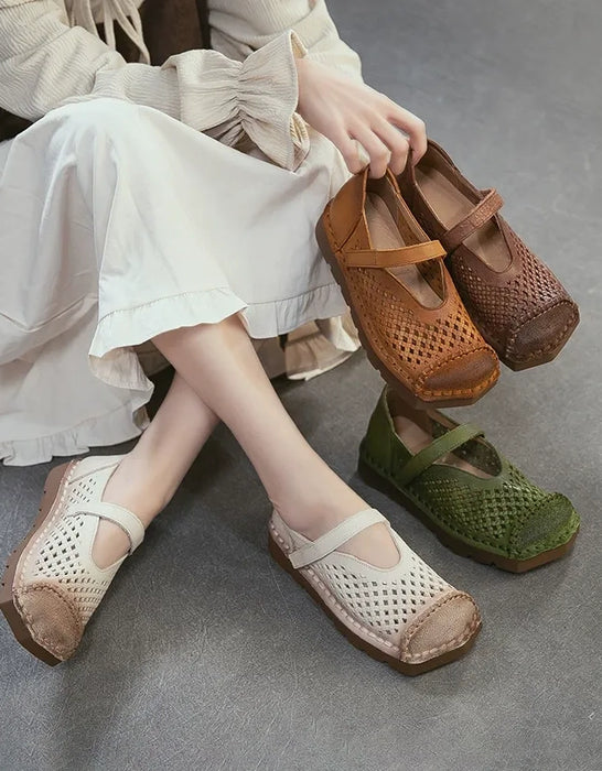 Spring Square Toe Hollow Comfortable Handmade Flat Shoes