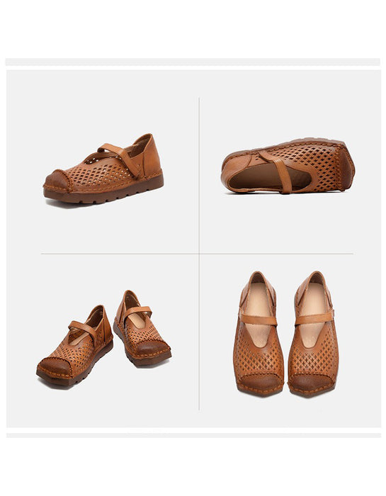 Spring Square Toe Hollow Comfortable Handmade Flat Shoes