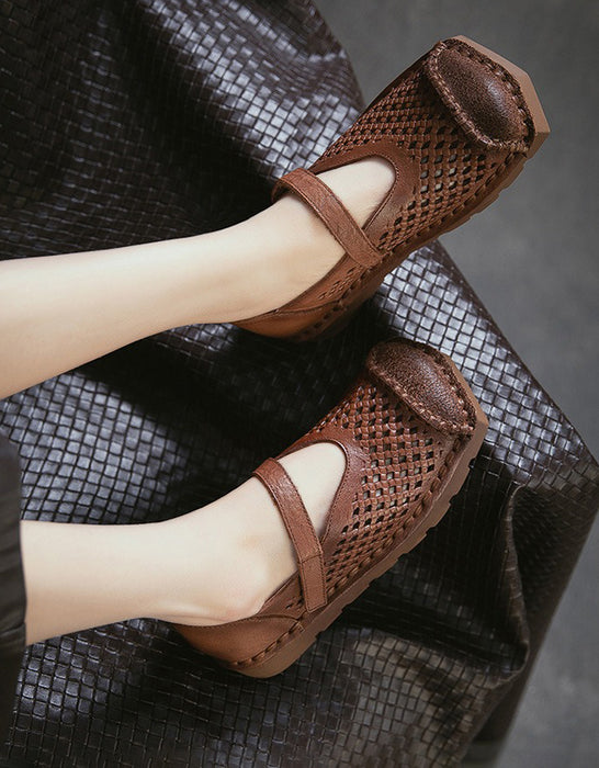 Spring Square Toe Hollow Comfortable Handmade Flat Shoes