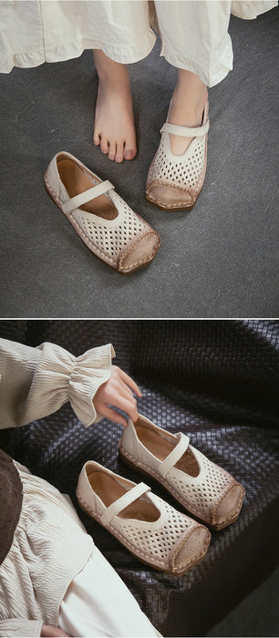 Spring Square Toe Hollow Comfortable Handmade Flat Shoes