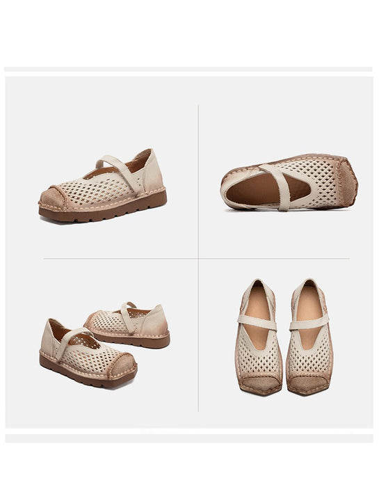 Spring Square Toe Hollow Comfortable Handmade Flat Shoes