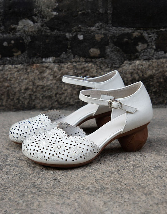 Spring Vintage Embossed Close Toe Chunky Heels