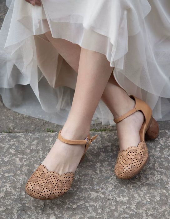 Spring Vintage Embossed Close Toe Chunky Heels