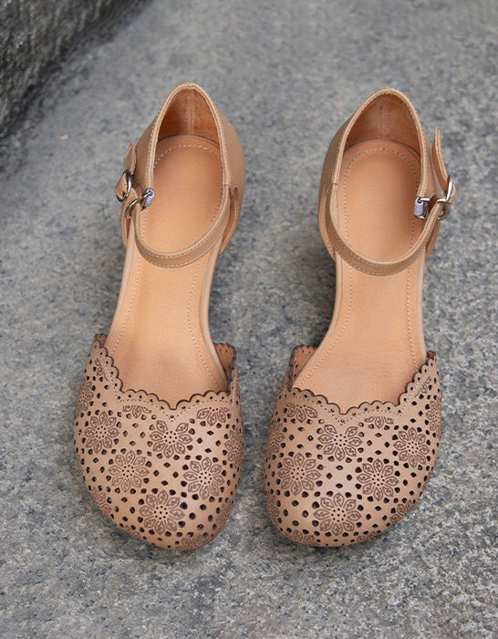 Spring Vintage Embossed Close Toe Chunky Heels