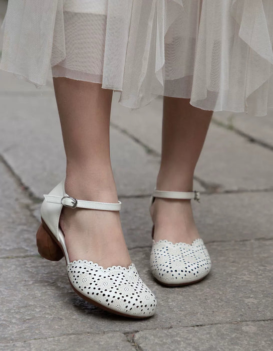 Spring Vintage Embossed Close Toe Chunky Heels