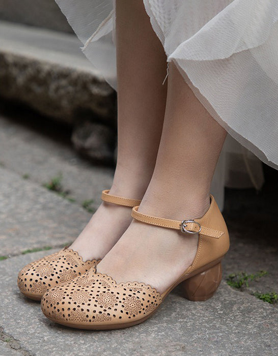 Spring Vintage Embossed Close Toe Chunky Heels
