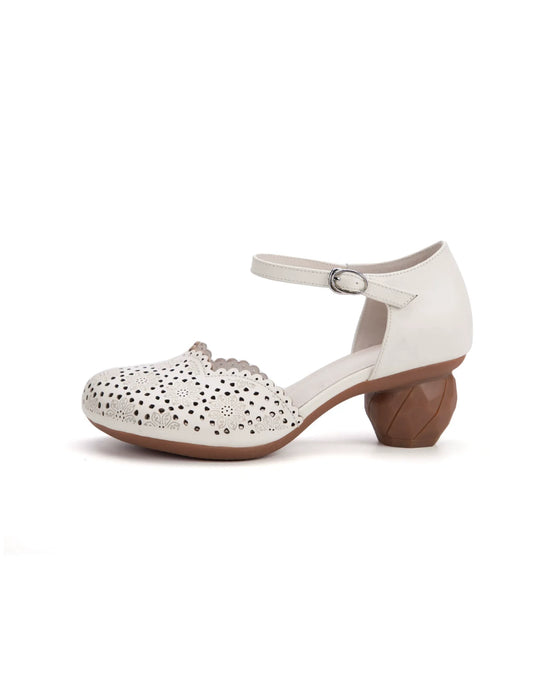 Spring Vintage Embossed Close Toe Chunky Heels