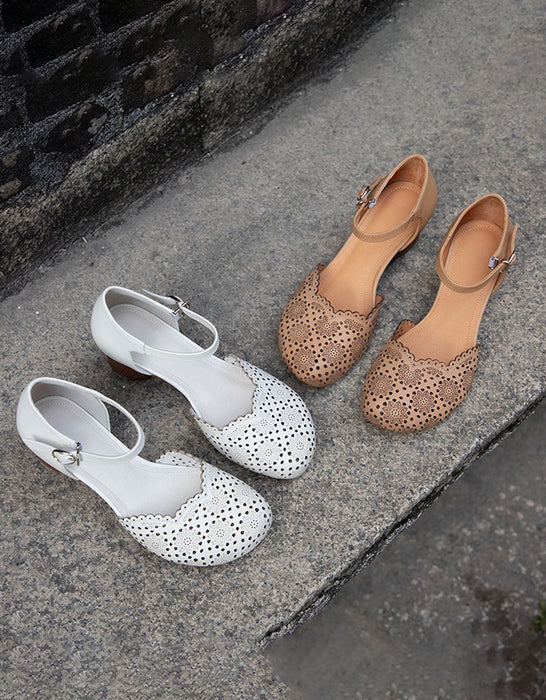 Spring Vintage Embossed Close Toe Chunky Heels