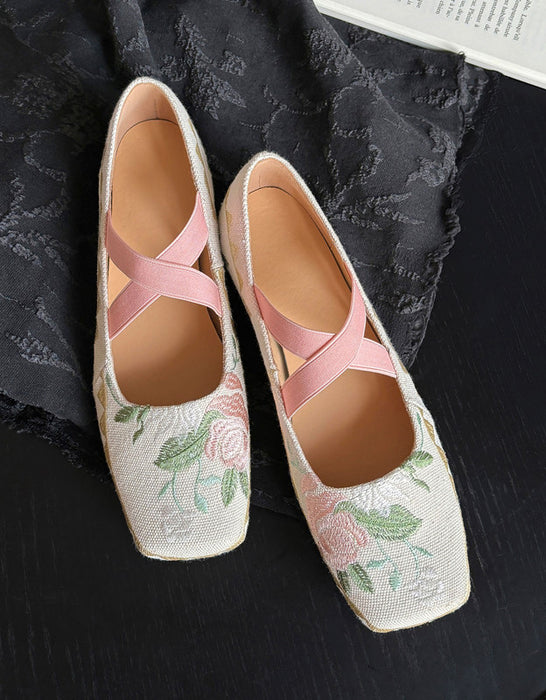 Square Toe Fabric Embroidered Cross Strap Ballet Shoes