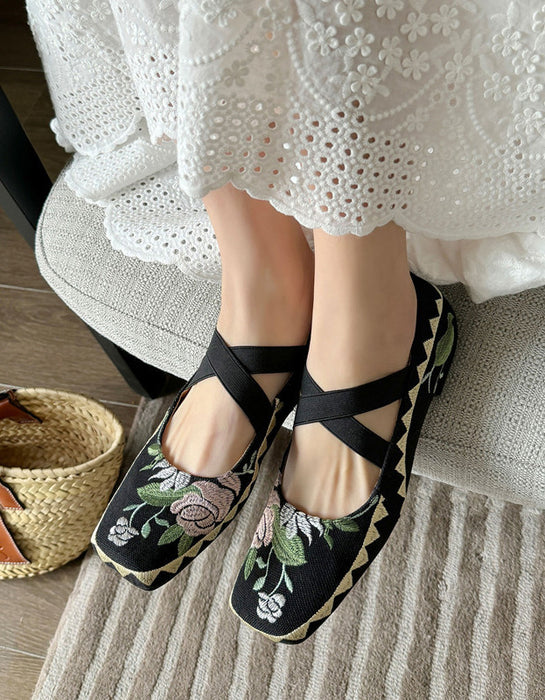 Square Toe Fabric Embroidered Cross Strap Ballet Shoes