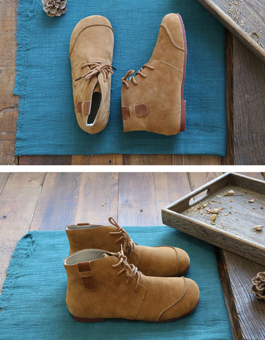Suede Lace-up Round Toe Flat Ankle Boots