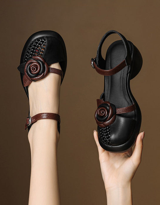 Summer Blocked Heels Leather Flowers Close Toe Sandals