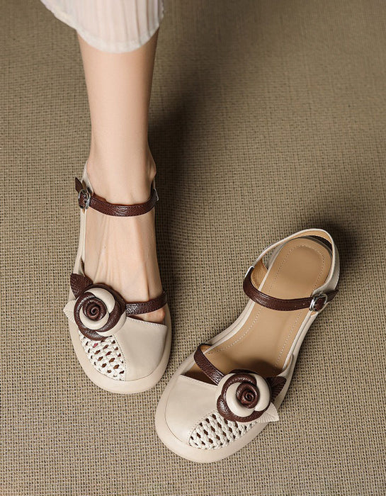 Summer Blocked Heels Leather Flowers Close Toe Sandals