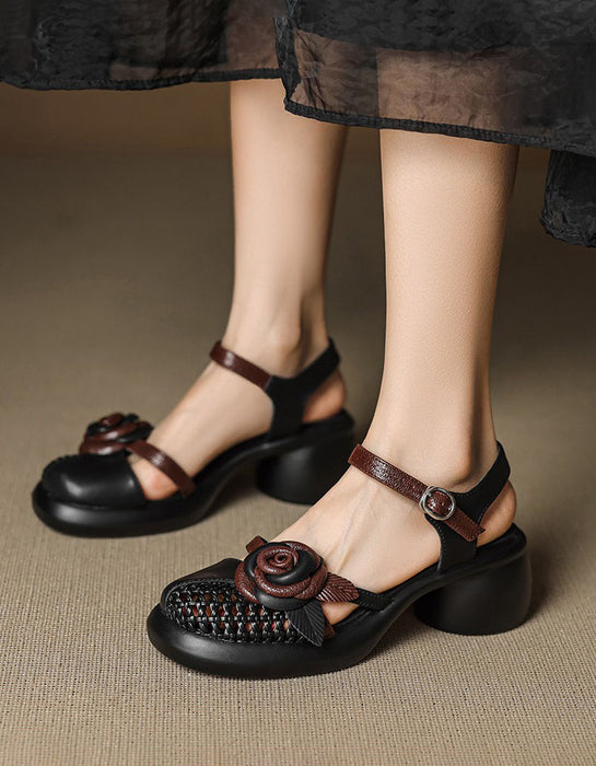 Summer Blocked Heels Leather Flowers Close Toe Sandals