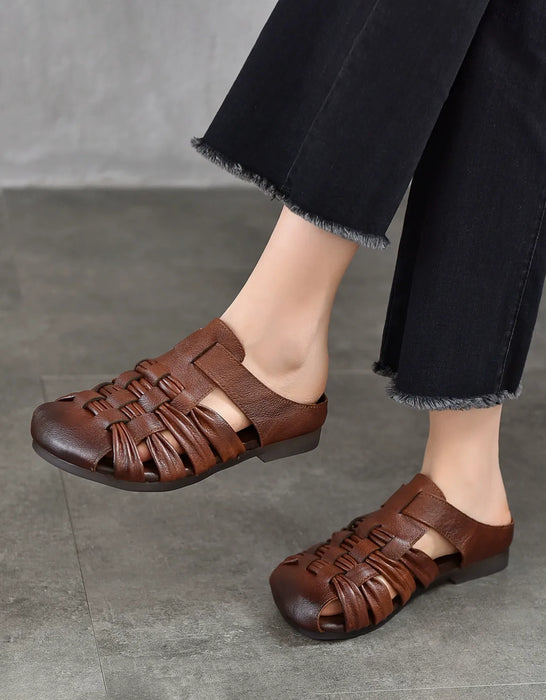 Summer Breathable Leather Woven Close Toe Slippers Brown March Shoe Collection 2026 83.00