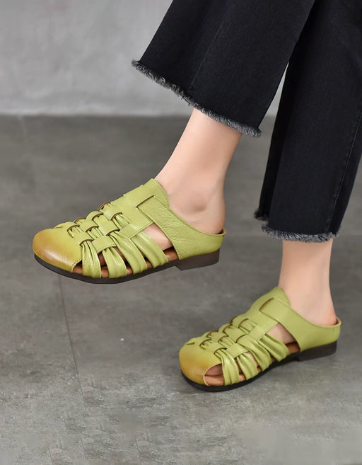 Summer Breathable Leather Woven Close Toe Slippers Green March Shoe Collection 2026 83.00