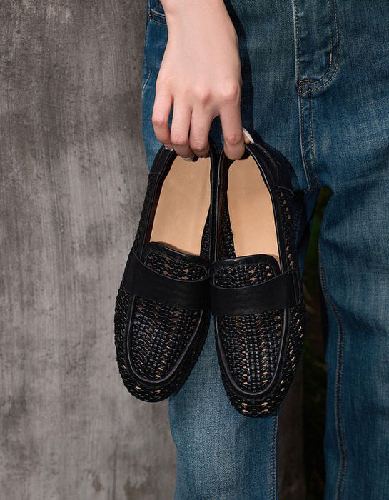 Summer Breathable Leather Woven Loafers