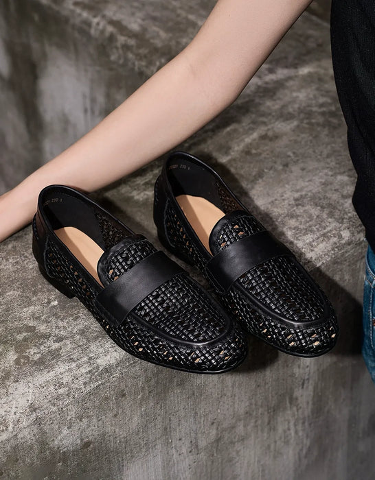 Summer Breathable Leather Woven Loafers