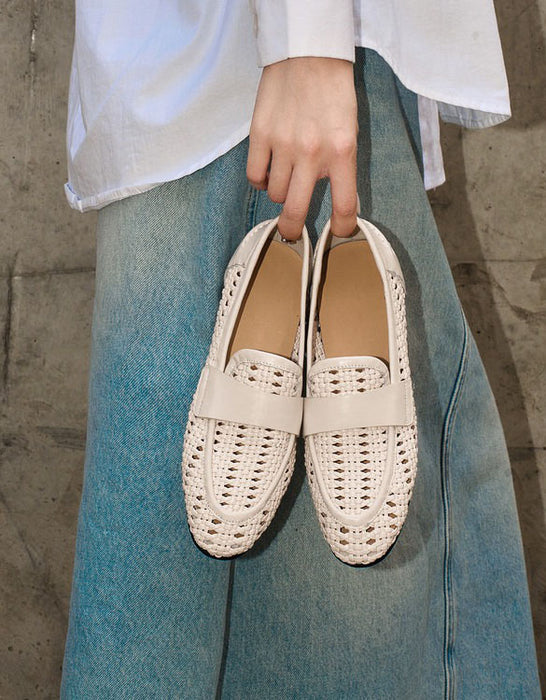 Summer Breathable Leather Woven Loafers