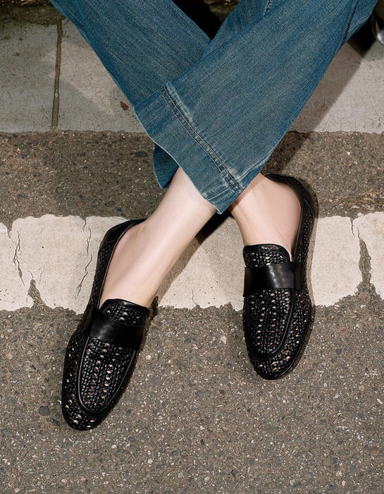 Summer Breathable Leather Woven Loafers