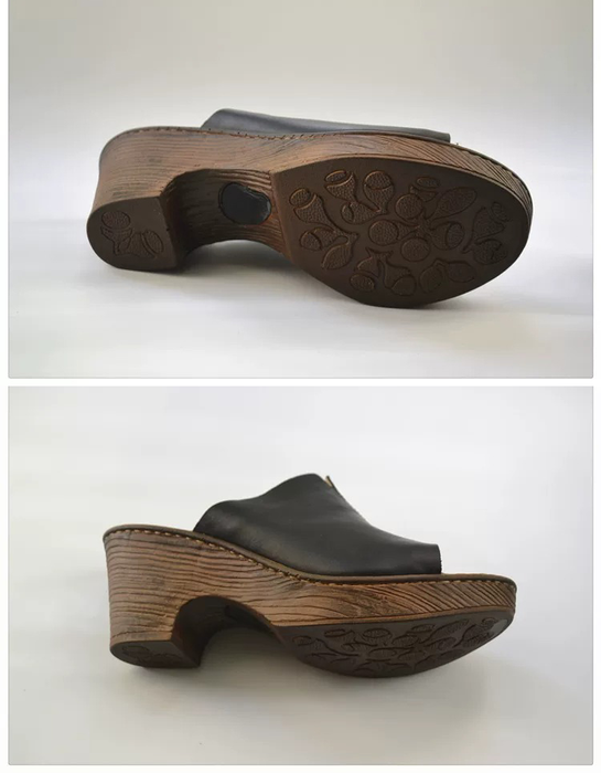 A pair of women's open-toe clogs shown from the side and sole views, featuring a dark brown leather upper and a thick, textured wood-look wedge heel on a light gray background.