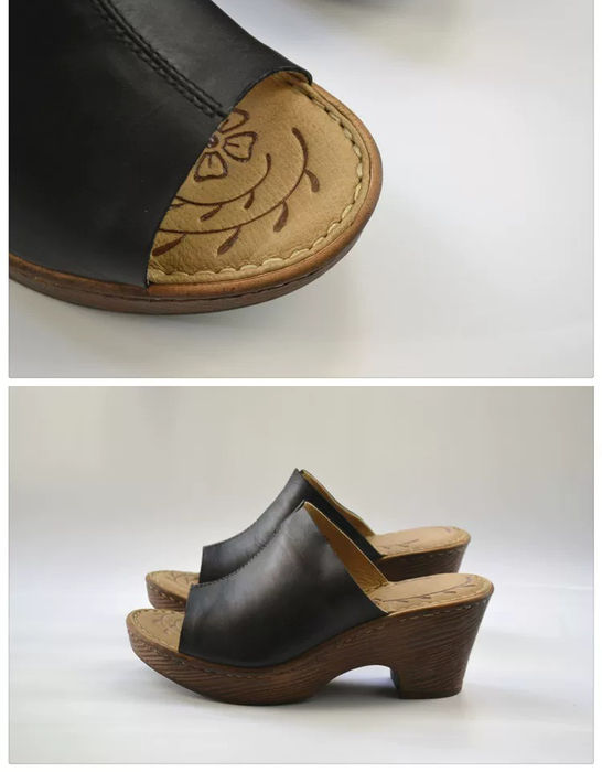 A pair of black leather clog-style slide sandals with wooden heels and soles, shown in a two-panel close-up and full view. The top panel is a close-up of the toe area, showing a tan insole with a dark floral etched design.