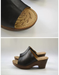 A pair of black leather clog-style slide sandals with wooden heels and soles, shown in a two-panel close-up and full view. The top panel is a close-up of the toe area, showing a tan insole with a dark floral etched design.