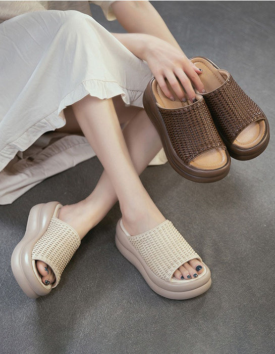 Summer Comfortable Leather Woven Open Toe Platform Slippers Obiono July Shoes Collection 89.00