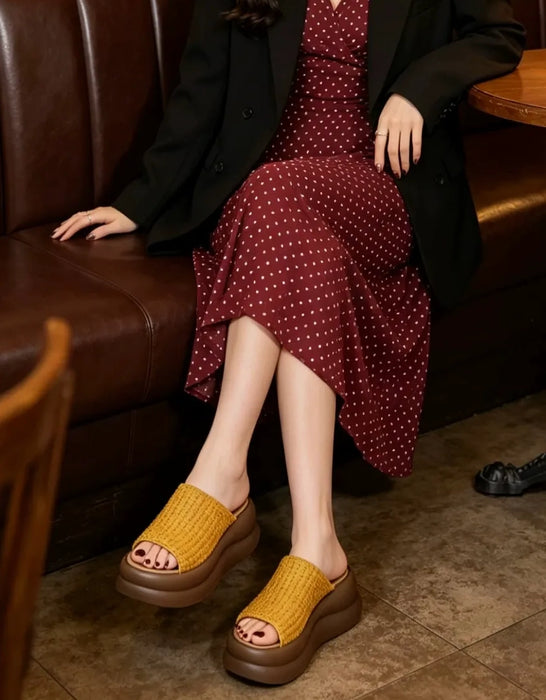 Summer Comfortable Leather Woven Open Toe Platform Slippers Obiono July Shoes Collection 89.00