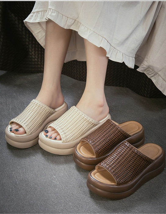 Summer Comfortable Leather Woven Open Toe Platform Slippers Obiono July Shoes Collection 89.00