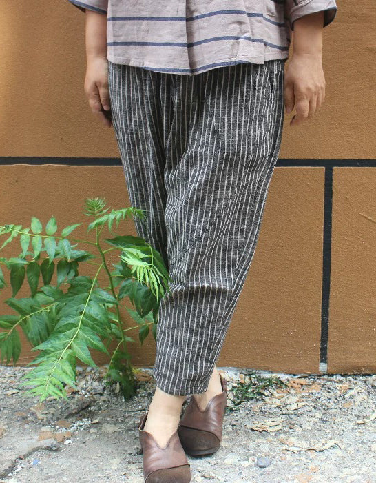 Pantalones de lino y algodón a rayas de talla grande para mujer