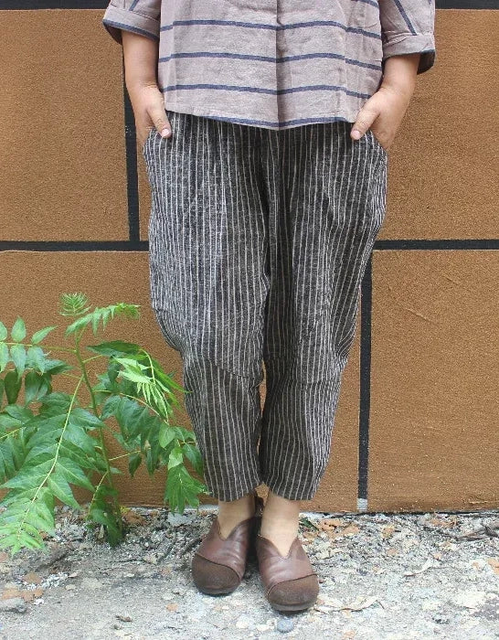 Pantalones de lino y algodón a rayas de talla grande para mujer