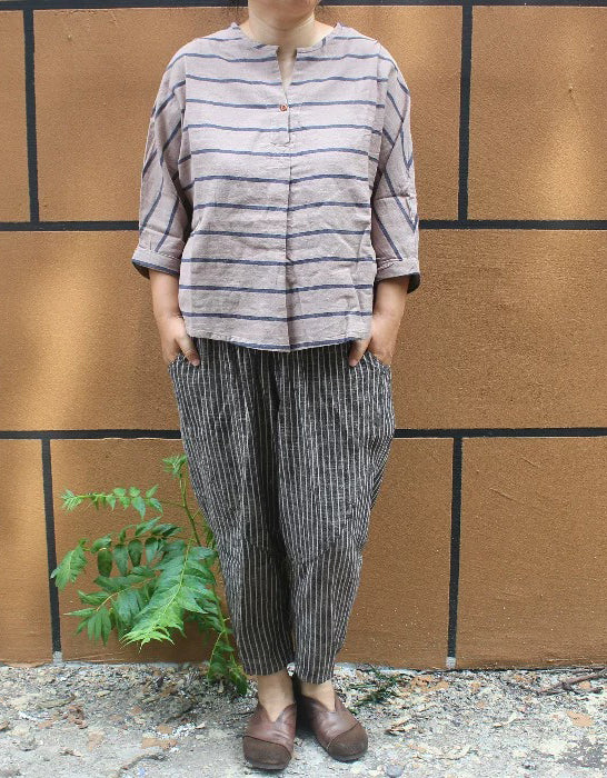 Pantalones de lino y algodón a rayas de talla grande para mujer