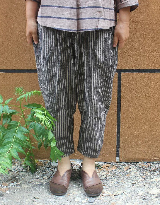 Pantalones de lino y algodón a rayas de talla grande para mujer
